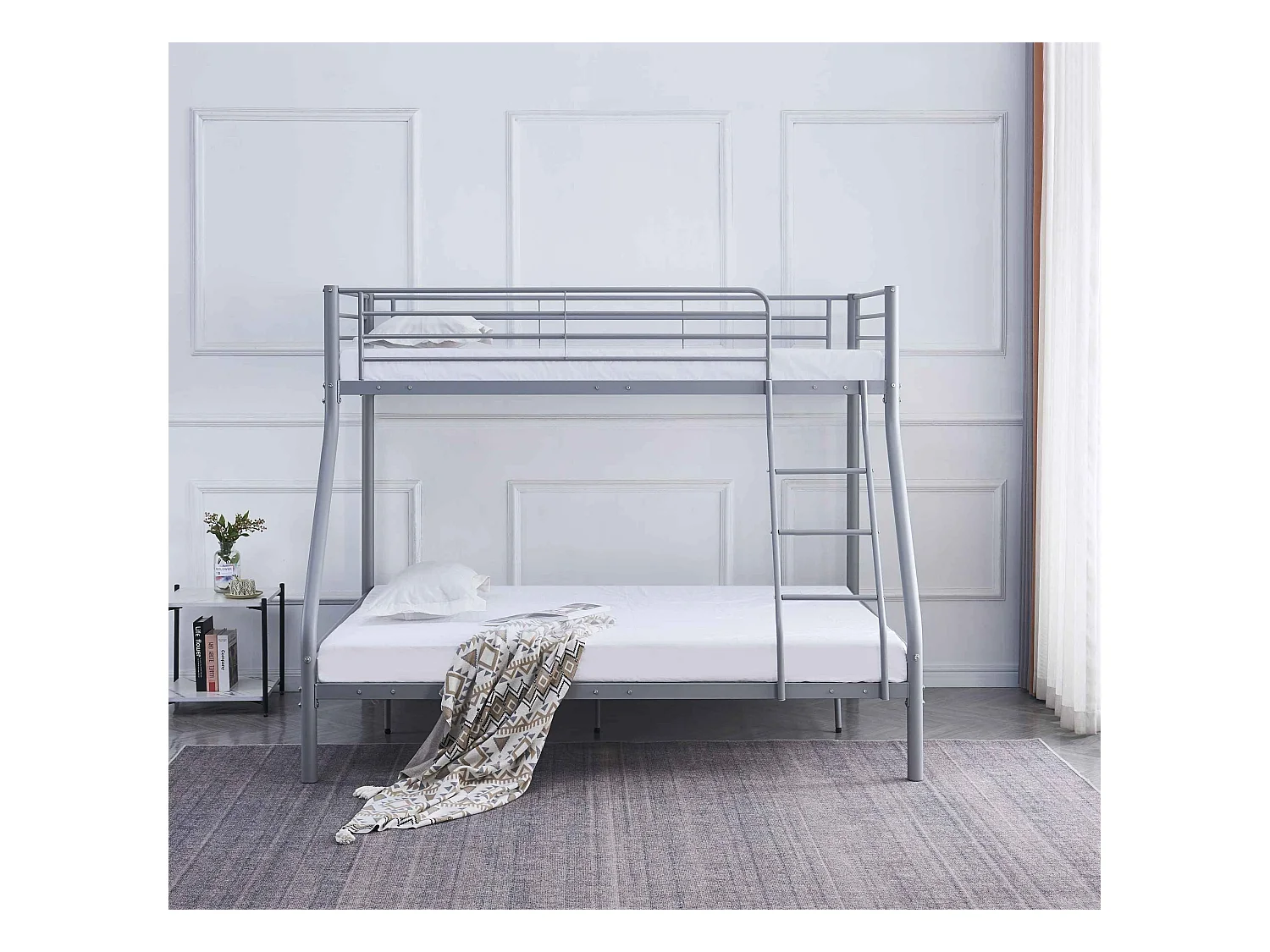Pack Lit superposé 3 Places BAB 2+1G 140 x190 et 90 x 190 cm Gris + Matelas + Sommiers Séparable