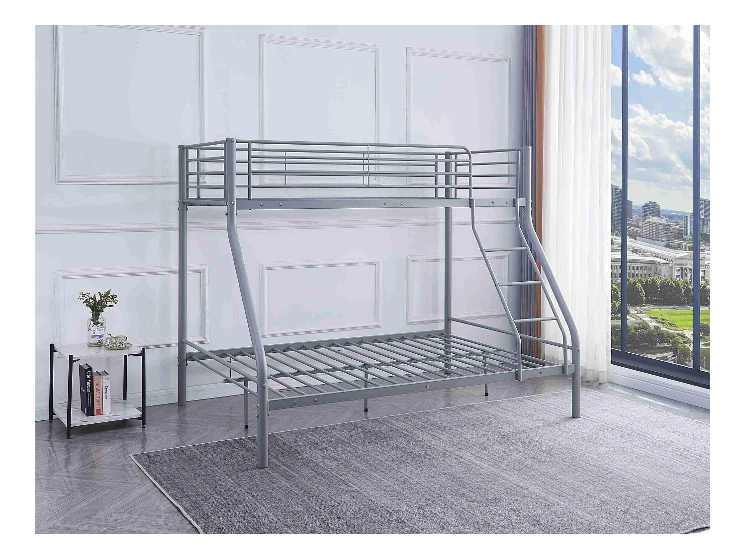 Pack Lit superposé 3 Places BAB 2+1G 140 x190 et 90 x 190 cm Gris + Matelas + Sommiers Séparable