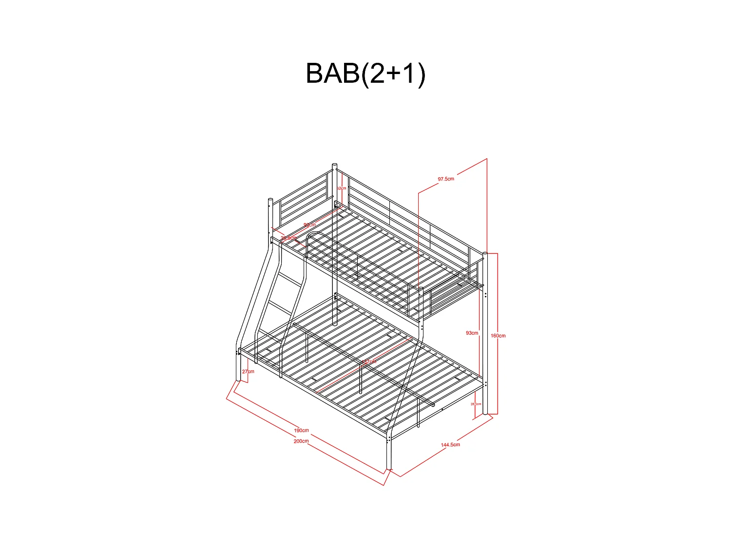 Pack Lit superposé 3 Places BAB 2+1G 140 x190 et 90 x 190 cm Gris + Matelas + Sommiers Séparable