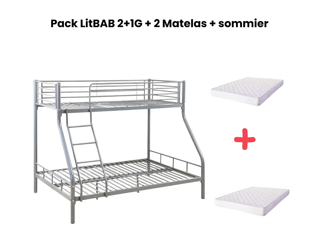 Pack Lit superposé 3 Places BAB 2+1G 140 x190 et 90 x 190 cm Gris + Matelas + Sommiers Séparable