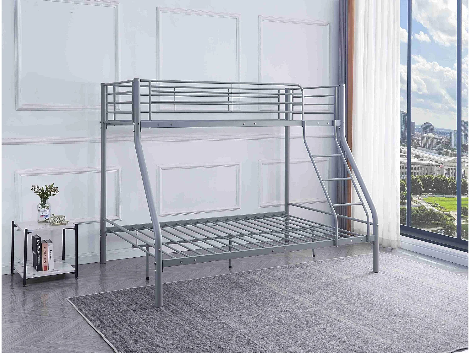 Pack Lit superposé 3 Places BAB 2+1G 140 x190 et 90 x 190 cm Gris + Matelas + Sommiers Séparable