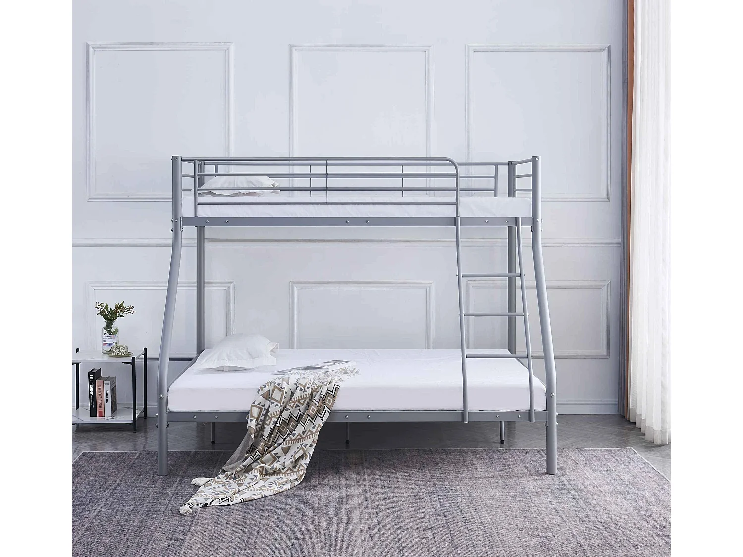 Pack Lit superposé 3 Places BAB 2+1G 140 x190 et 90 x 190 cm Gris + Matelas + Sommiers Séparable
