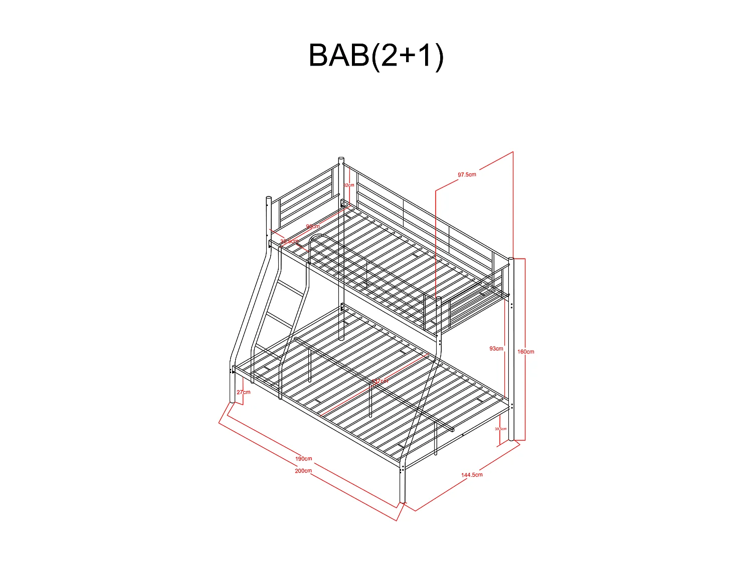 Pack Lit superposé 3 Places BAB 2+1G 140 x190 et 90 x 190 cm Gris + Matelas + Sommiers Séparable