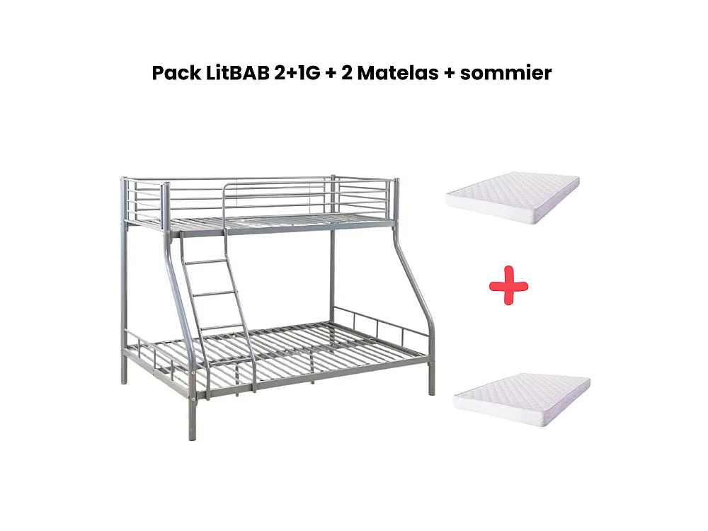 Pack Lit superposé 3 Places BAB 2+1G 140 x190 et 90 x 190 cm Gris + Matelas + Sommiers Séparable