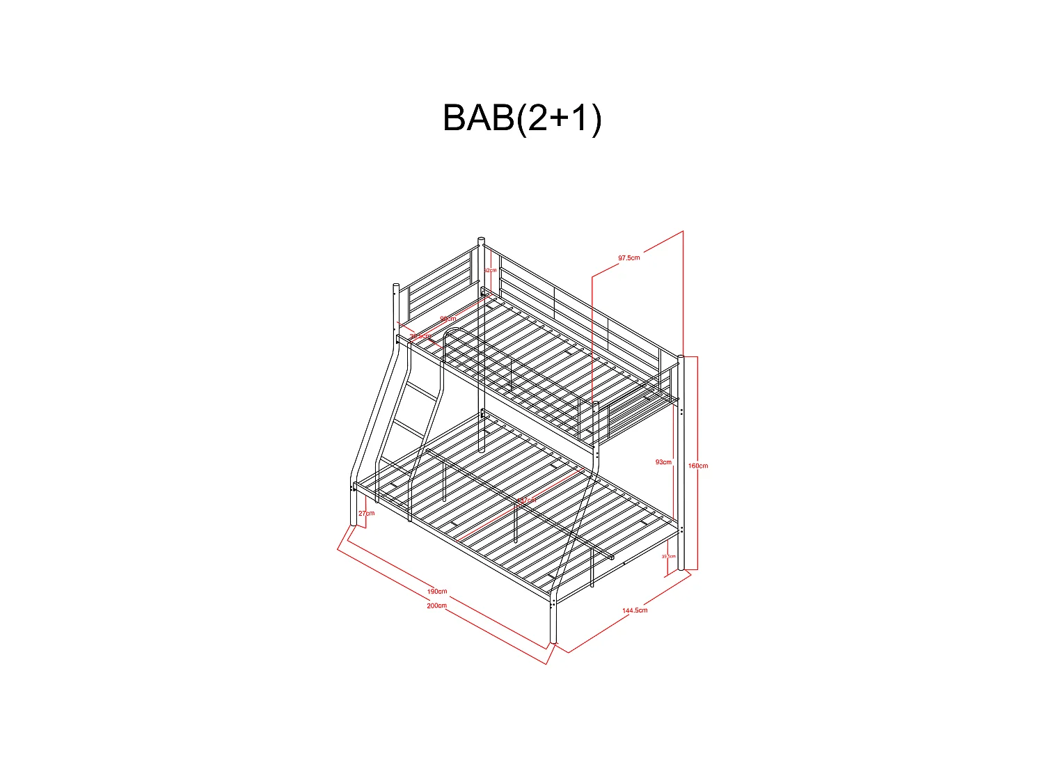 Pack Lit superposé 3 Places BAB 2+1G 140 x190 et 90 x 190 cm Gris + Matelas + Sommiers Séparable
