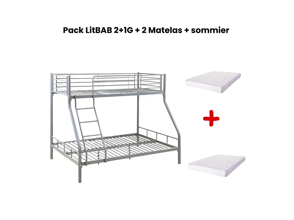 Pack Lit superposé 3 Places BAB 2+1G 140 x190 et 90 x 190 cm Gris + Matelas + Sommiers Séparable