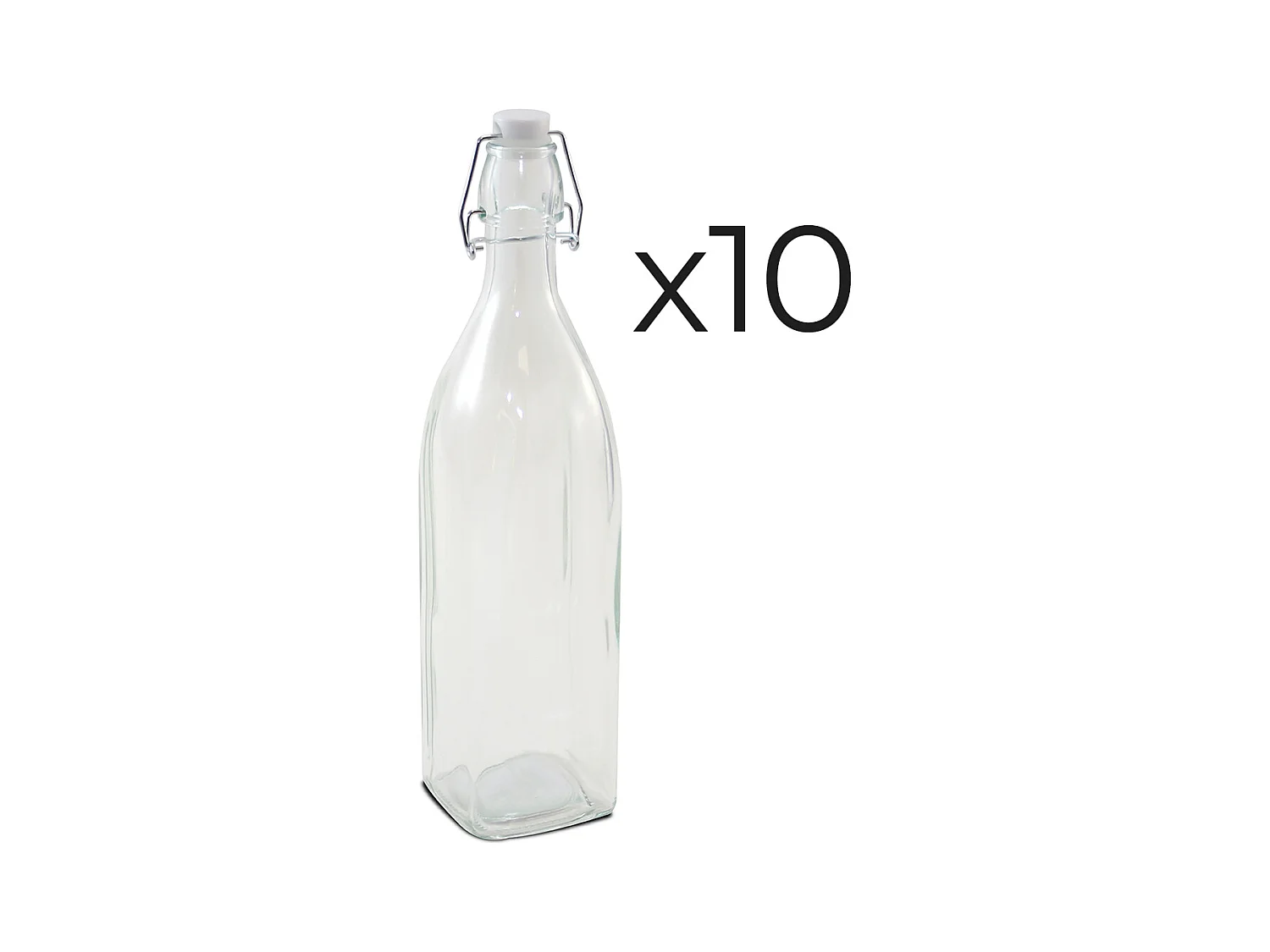 Lot de 10 bouteille carrée en verre avec bouchon hermétique, carafe bouteille avec fermeture à clip, capacité 1L - Longueur 8,2 x Largeur 8,2 x Hauteur 31,8 cm