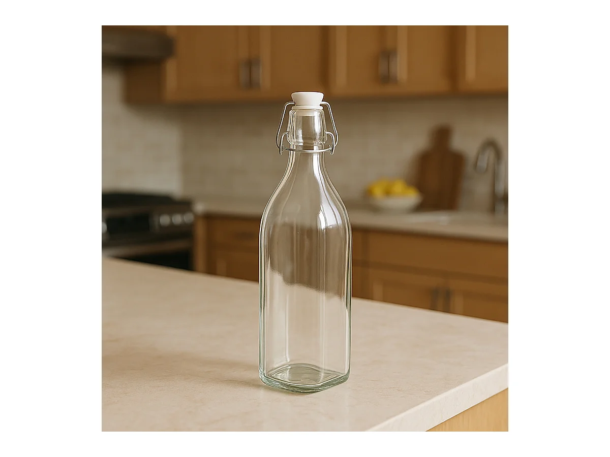 Lot de 10 bouteille carrée en verre avec bouchon hermétique, carafe bouteille avec fermeture à clip, capacité 1L - Longueur 8,2 x Largeur 8,2 x Hauteur 31,8 cm