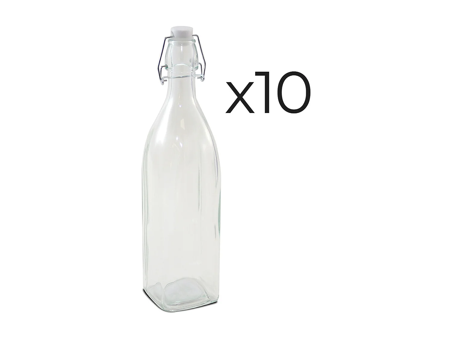 Lot de 10 bouteille carrée en verre avec bouchon hermétique, carafe bouteille avec fermeture à clip, capacité 1L - Longueur 8,2 x Largeur 8,2 x Hauteur 31,8 cm