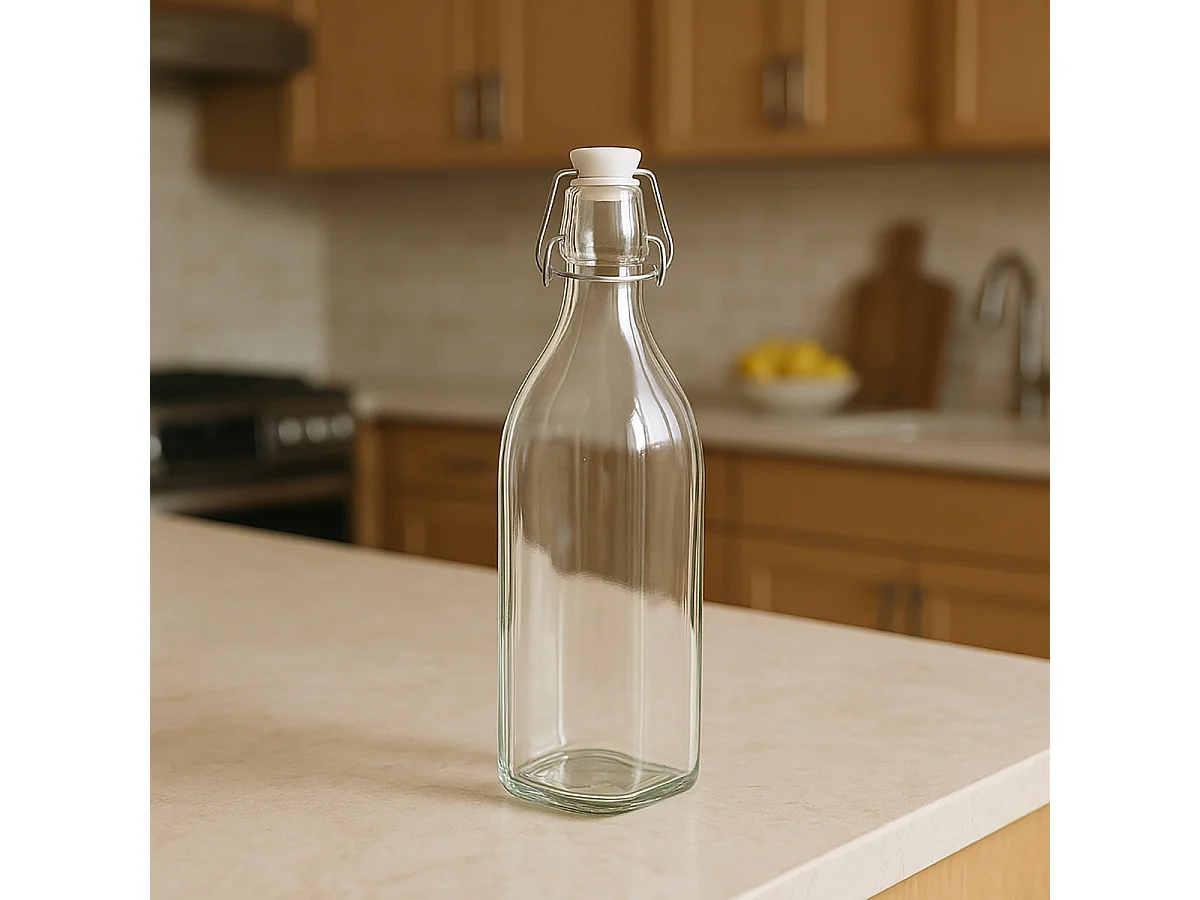 Lot de 10 bouteille carrée en verre avec bouchon hermétique, carafe bouteille avec fermeture à clip, capacité 1L - Longueur 8,2 x Largeur 8,2 x Hauteur 31,8 cm