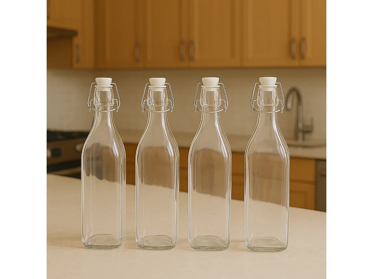 Lot de 12 bouteille carrée en verre avec bouchon hermétique, carafe bouteille avec fermeture à clip, capacité 0,5L - Longueur 6,5 x Largeur 6,5 x Hauteur 27 cm