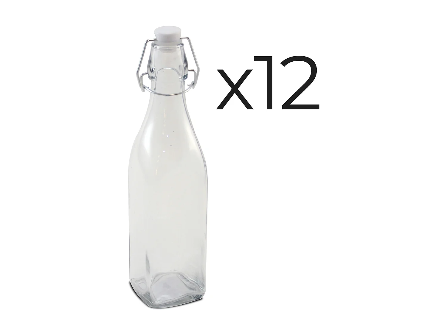 Lot de 12 bouteille carrée en verre avec bouchon hermétique, carafe bouteille avec fermeture à clip, capacité 0,5L - Longueur 6,5 x Largeur 6,5 x Hauteur 27 cm