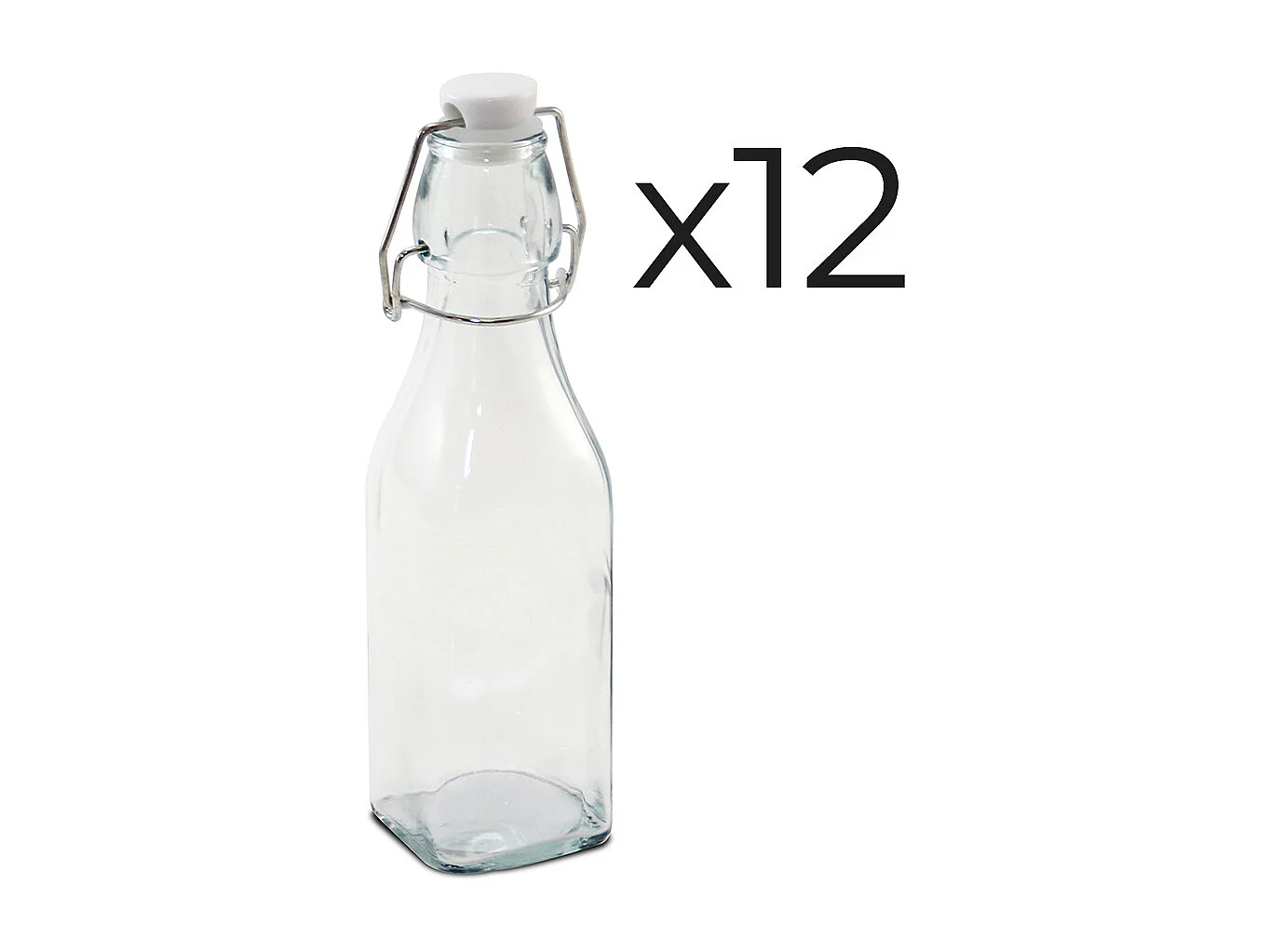 Lot de 12 bouteille carrée en verre avec bouchon hermétique, carafe bouteille avec fermeture à clip, capacité 0,25L - Longueur 5,5 x Largeur 5,5 x Hauteur 20 cm