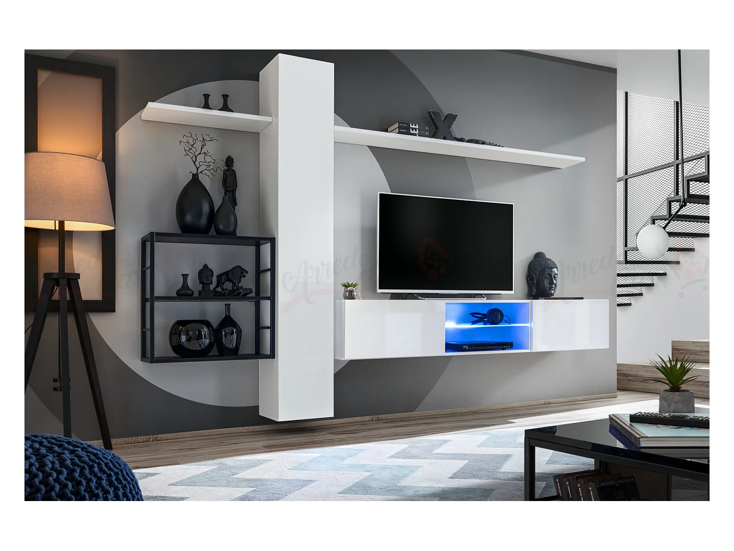 Parete attrezzata soggiorno con illuminazione led 180x270 bianco PAP77