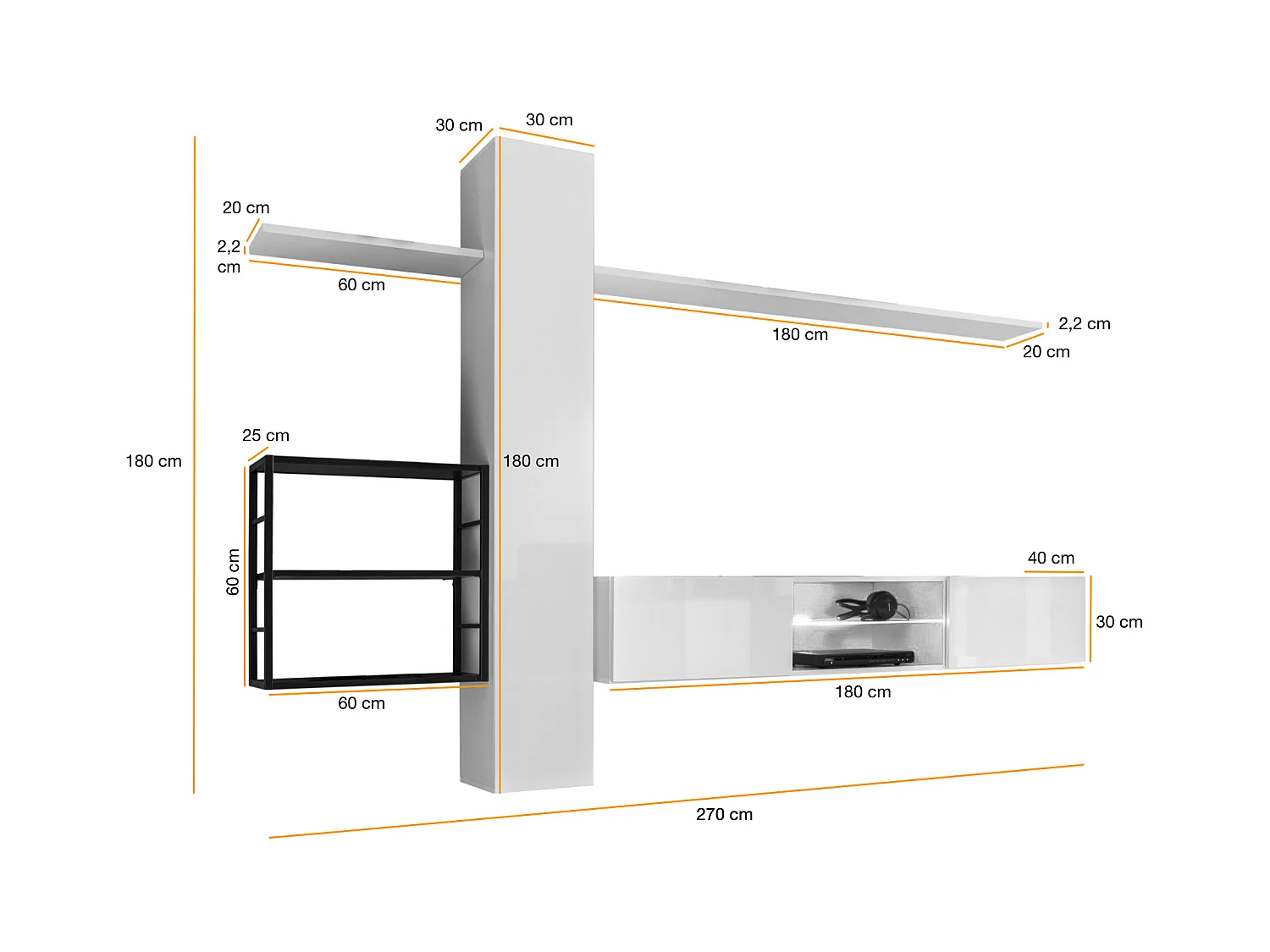 Parete attrezzata soggiorno con illuminazione led 180x270 bianco PAP77