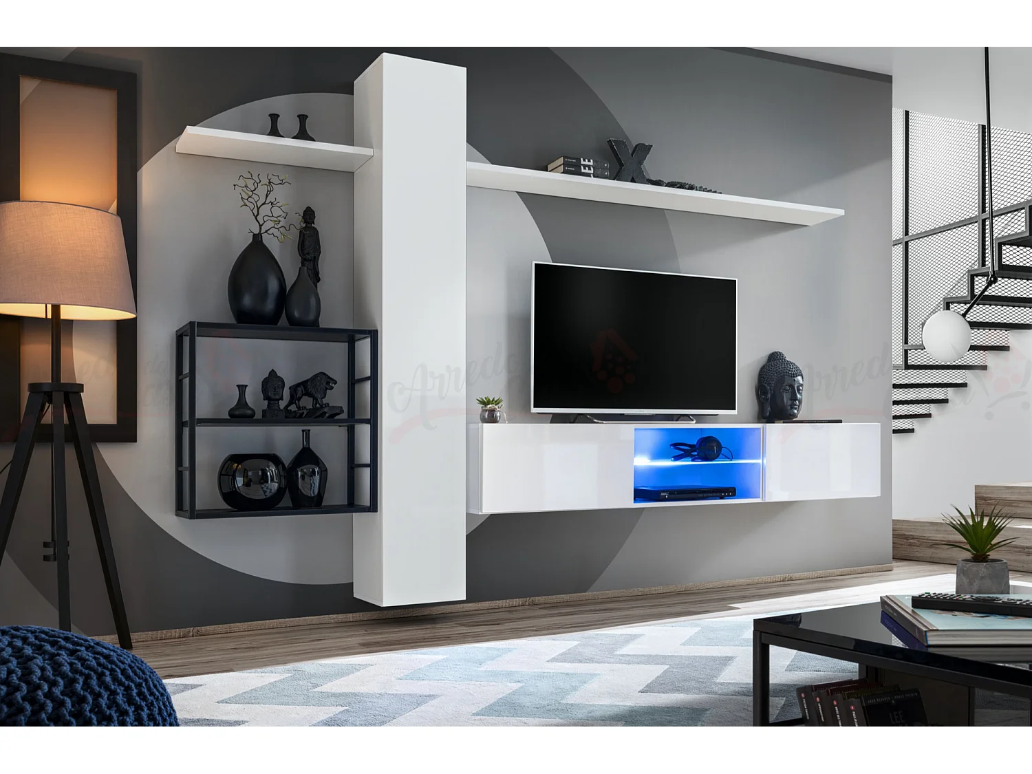 Parete attrezzata soggiorno con illuminazione led 180x270 bianco PAP77