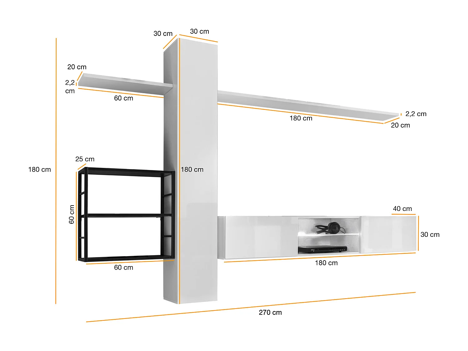 Parete attrezzata soggiorno con illuminazione led 180x270 bianco PAP77