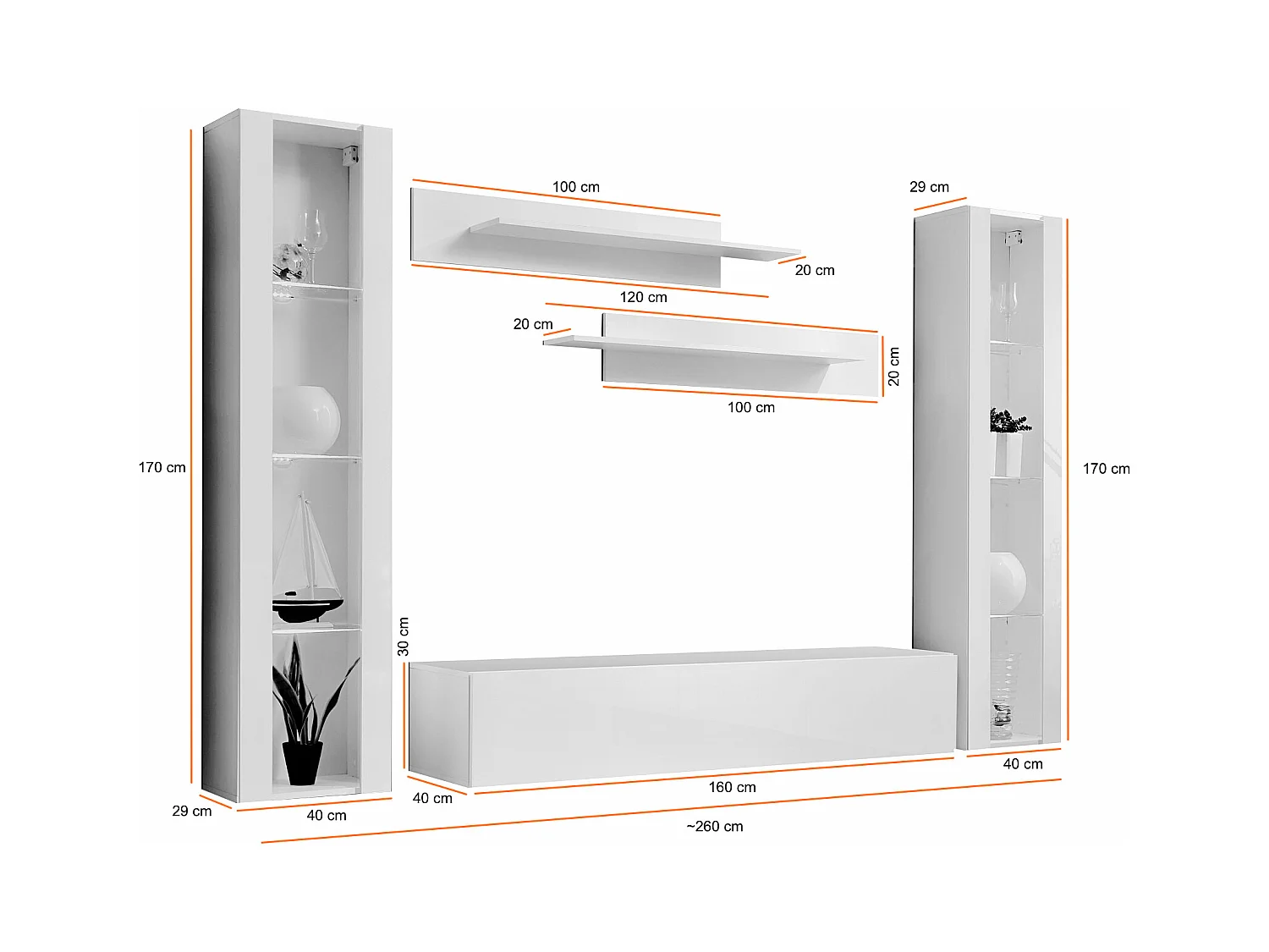 Parete attrezzata moderna per soggiorno completa 260x190 bianco PAP82