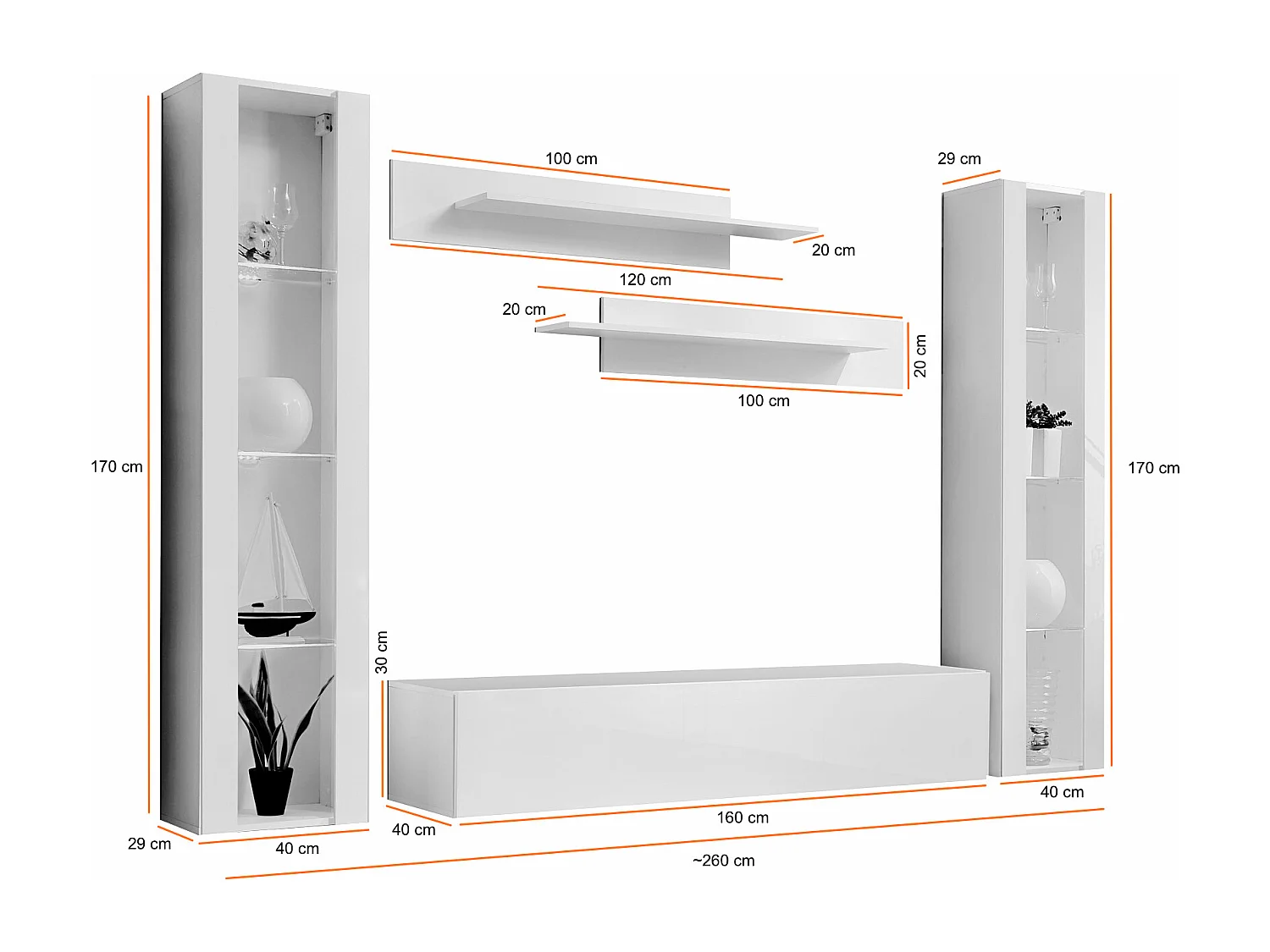 Parete attrezzata moderna per soggiorno completa 260x190 bianco PAP82