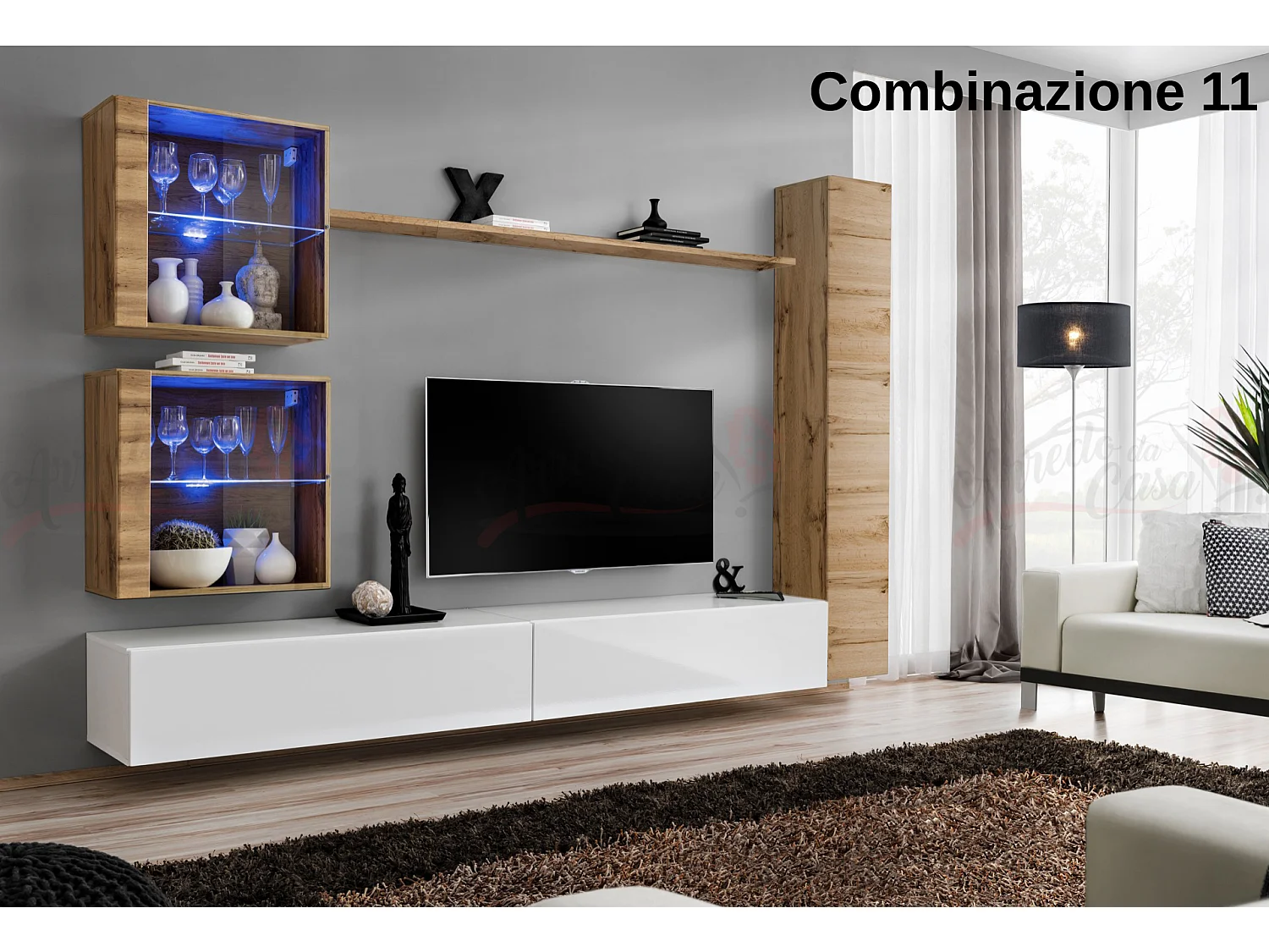 Parete attrezzata moderna per soggiorno con luci led 280x180 rovere e bianco PAP62