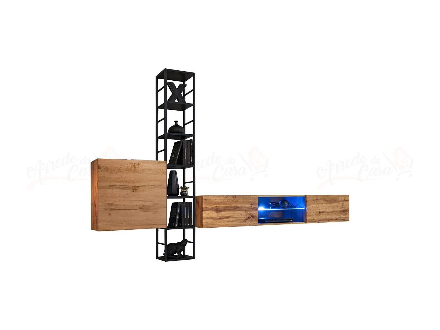 Parete attrezzata con led e scaffale in metallo 270x176 rovere PAP78