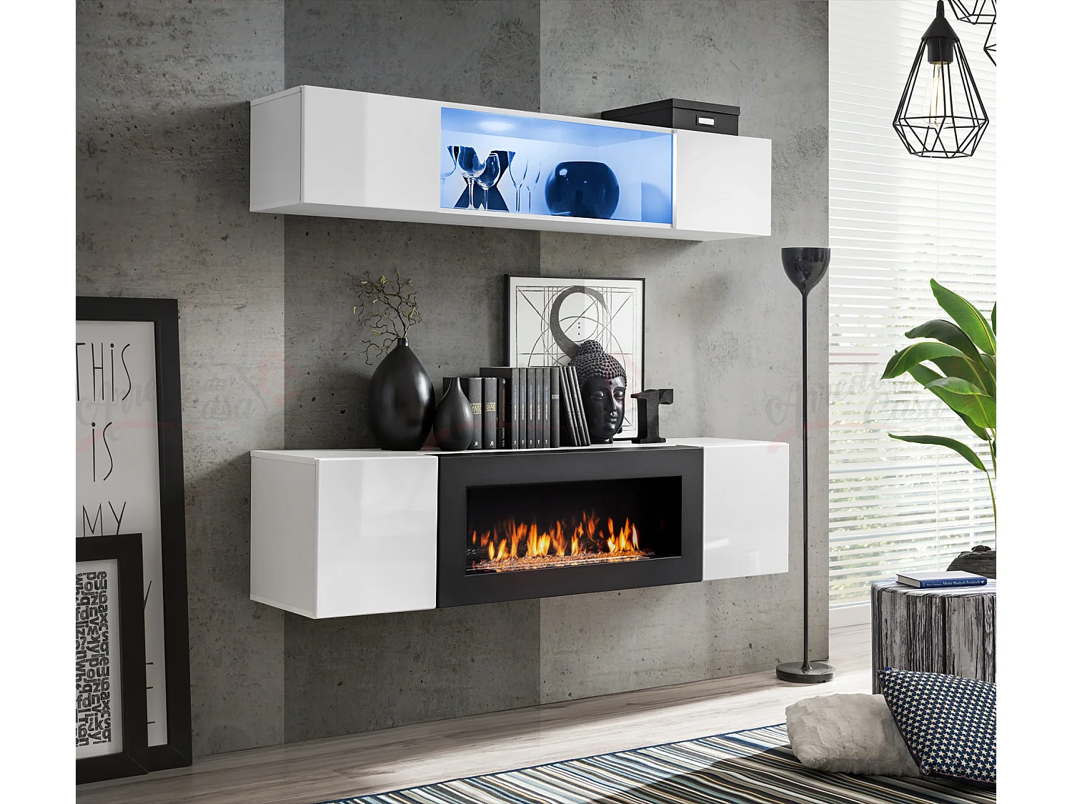 Parete attrezzata sospesa con vetrina illuminata e biocamino 160x150 bianco PAP113