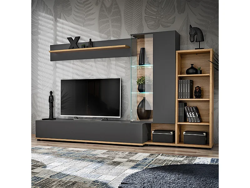 Parete attrezzata con illuminazione LED 240x145 rovere e antracite PAP147