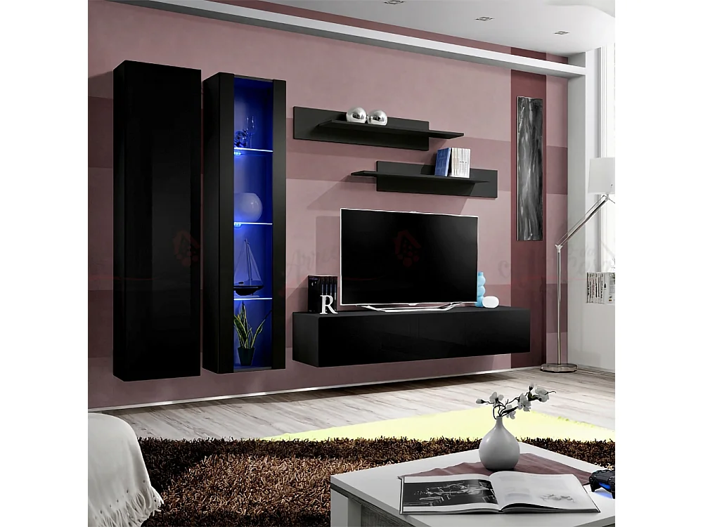 Parete attrezzata moderna da soggiorno completa 260x190 nero PAP84