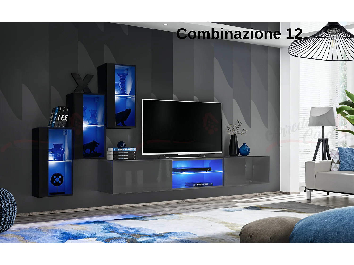 Parete attrezzata soggiorno moderna mobile TV sospeso 240x170 nero e grigio PAP68