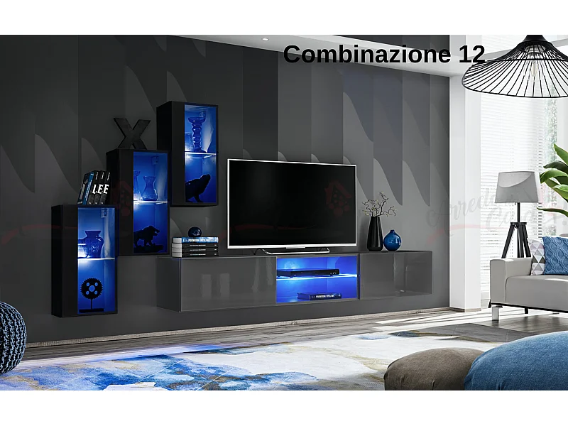 Parete attrezzata soggiorno moderna mobile TV sospeso 240x170 nero e grigio PAP68