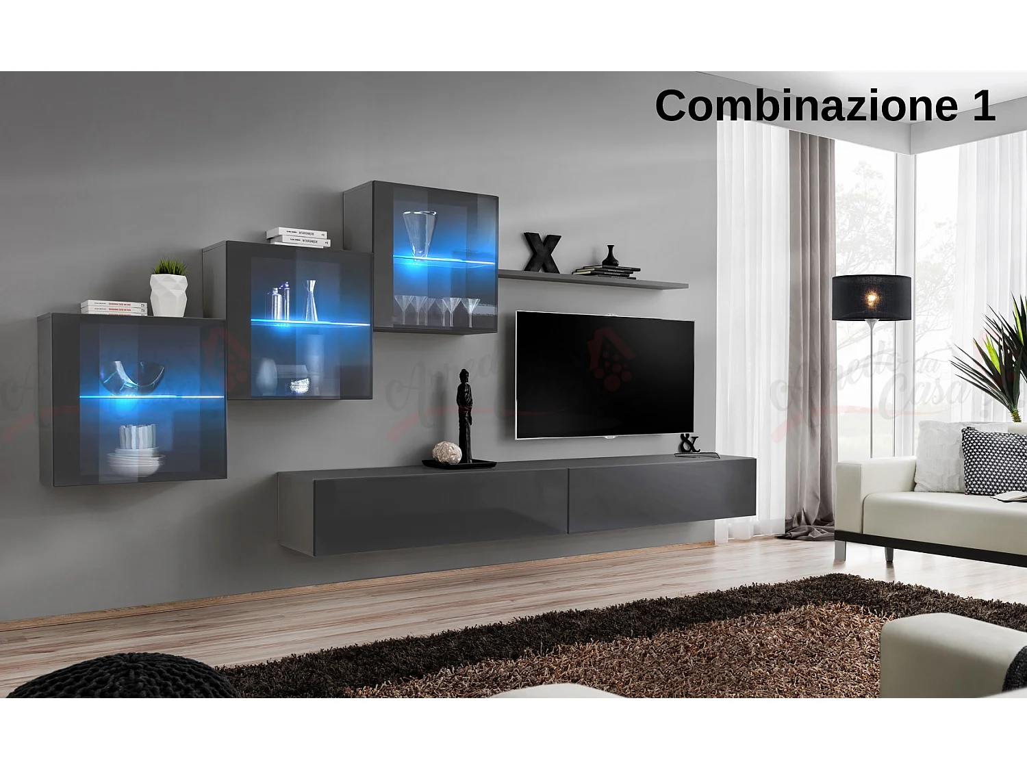 Parete attrezzata sospesa design contemporaneo con led 330x160 grigio PAP65