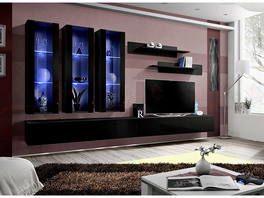 Parete attrezzata da soggiorno con tre vetrine illuminate 320x190 nero PAP93