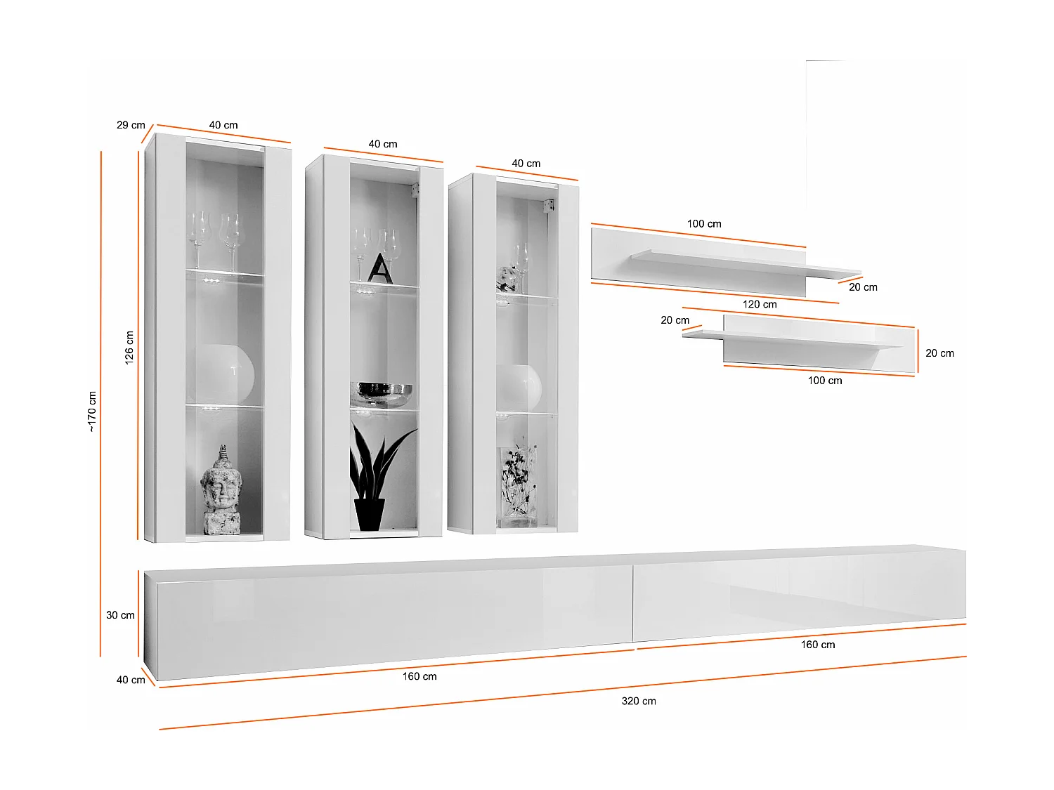 Parete attrezzata da soggiorno con tre vetrine illuminate 320x190 nero PAP93