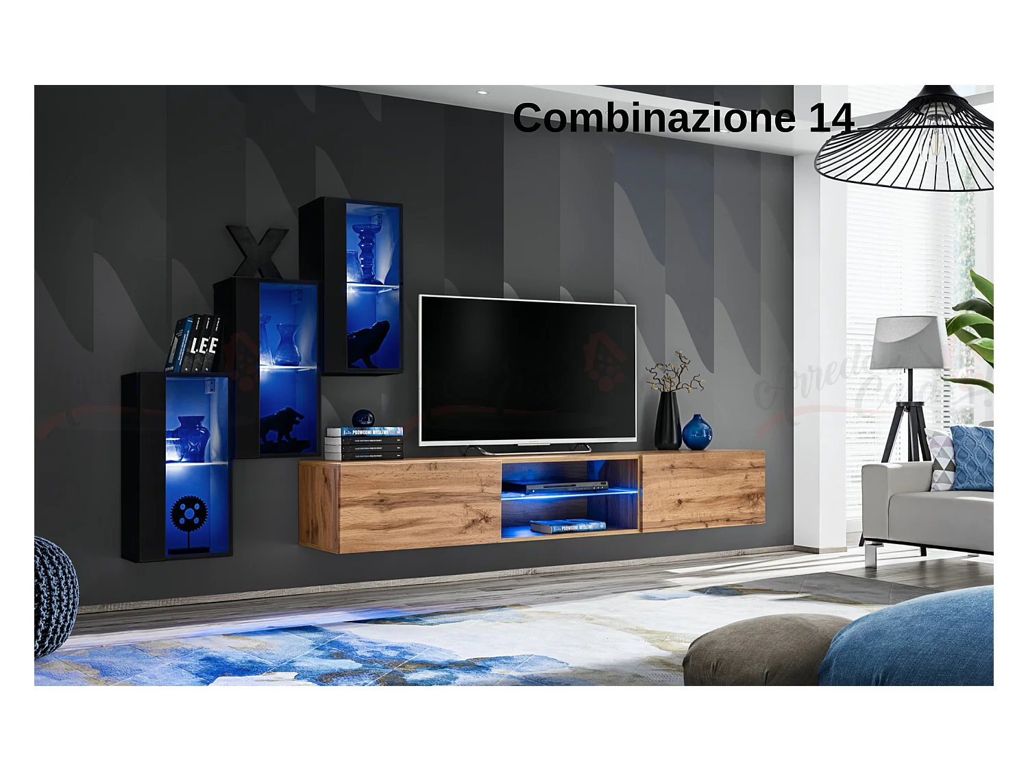 Parete attrezzata soggiorno moderna mobile TV sospeso 240x170 nero e rovere PAP68