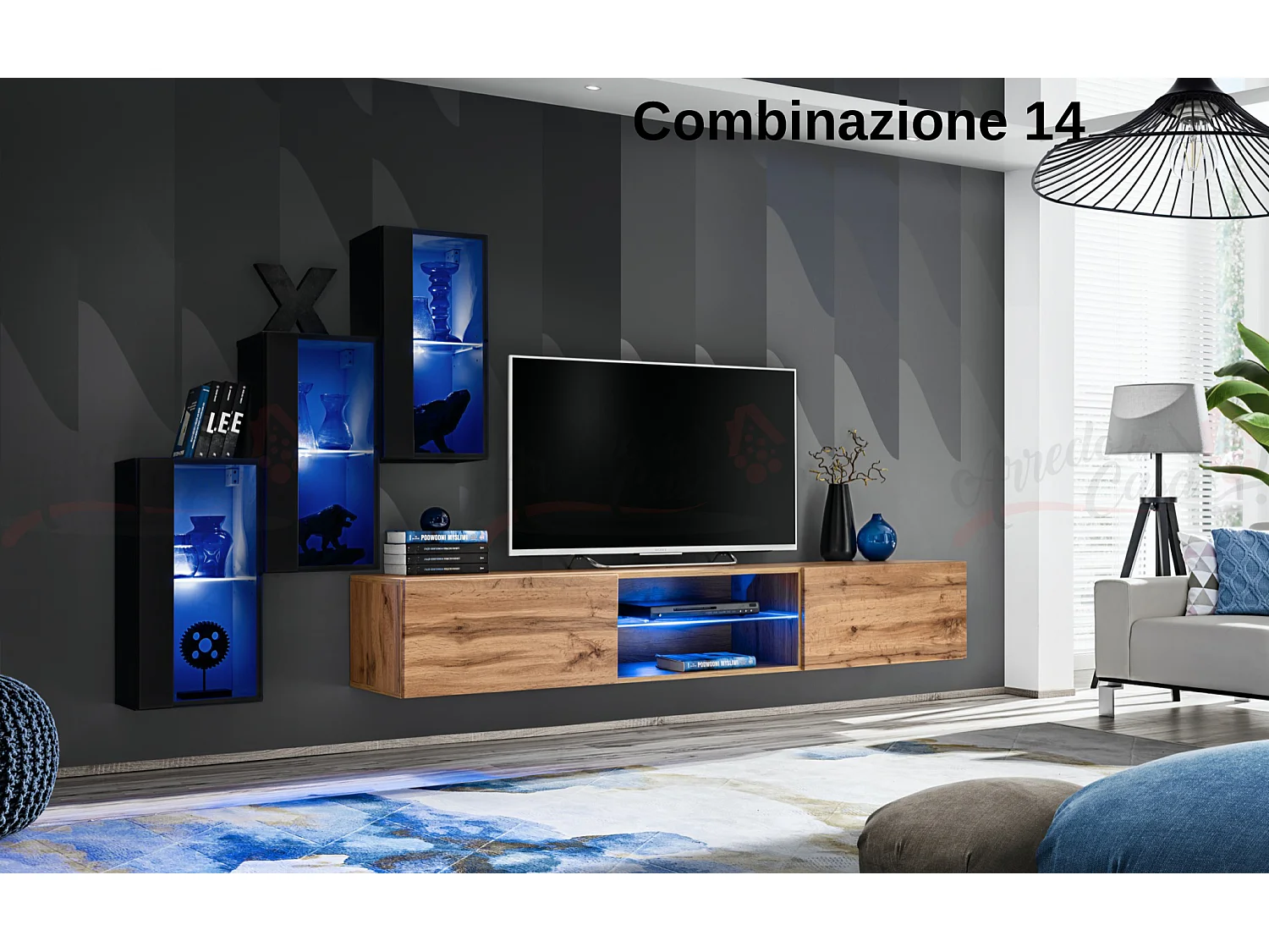 Parete attrezzata soggiorno moderna mobile TV sospeso 240x170 nero e rovere PAP68