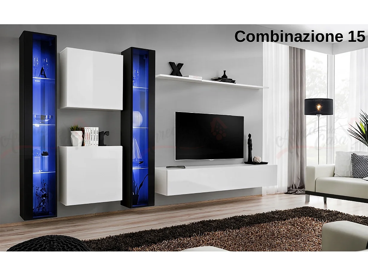 Parete attrezzata moderna da soggiorno con illuminazione led 330x180 nero e bianco PAP60