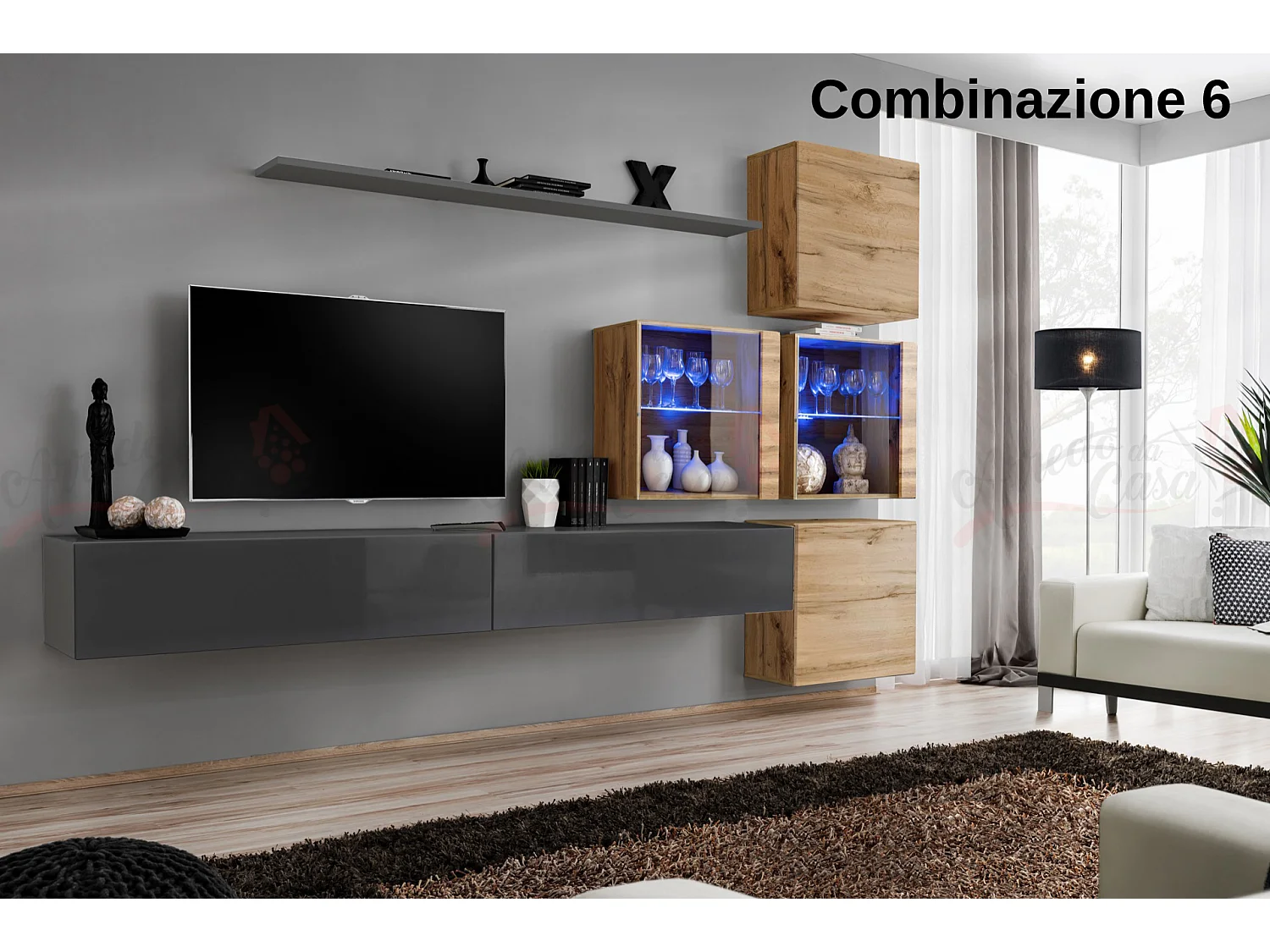 Parete attrezzata sospesa moderna con vetrinette 310x200 grigio e rovere PAP63