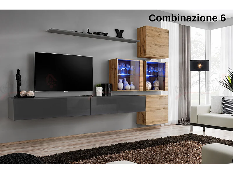 Parete attrezzata sospesa moderna con vetrinette 310x200 grigio e rovere PAP63