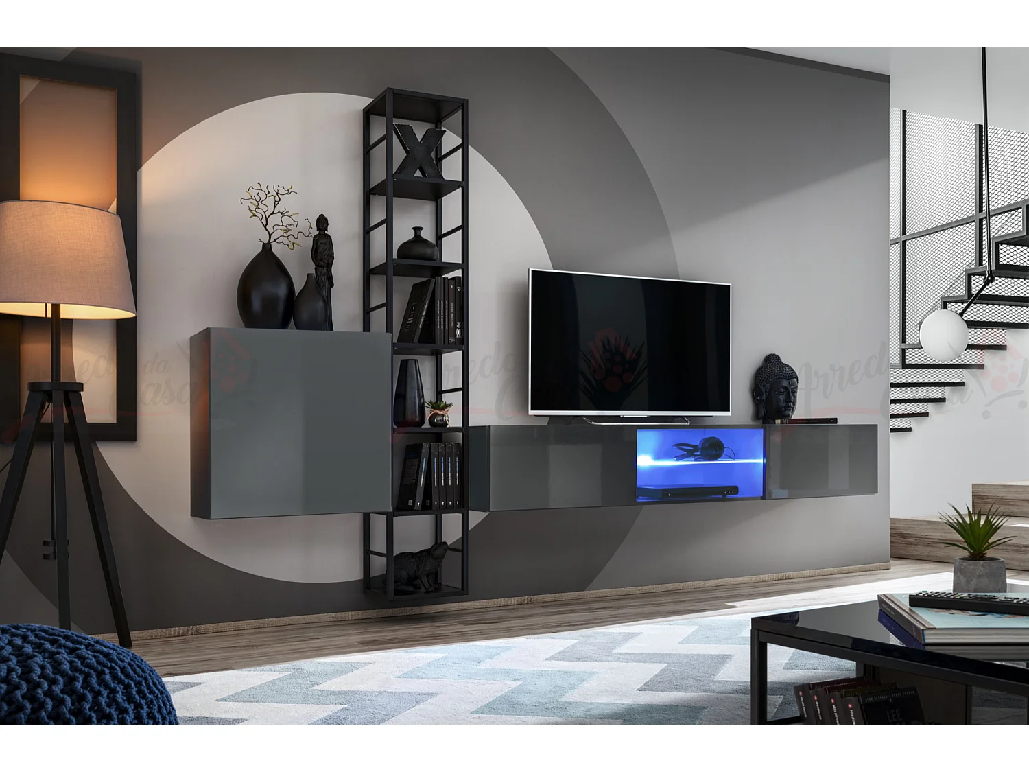 Parete attrezzata con led e scaffale in metallo 270x176 grigio PAP78