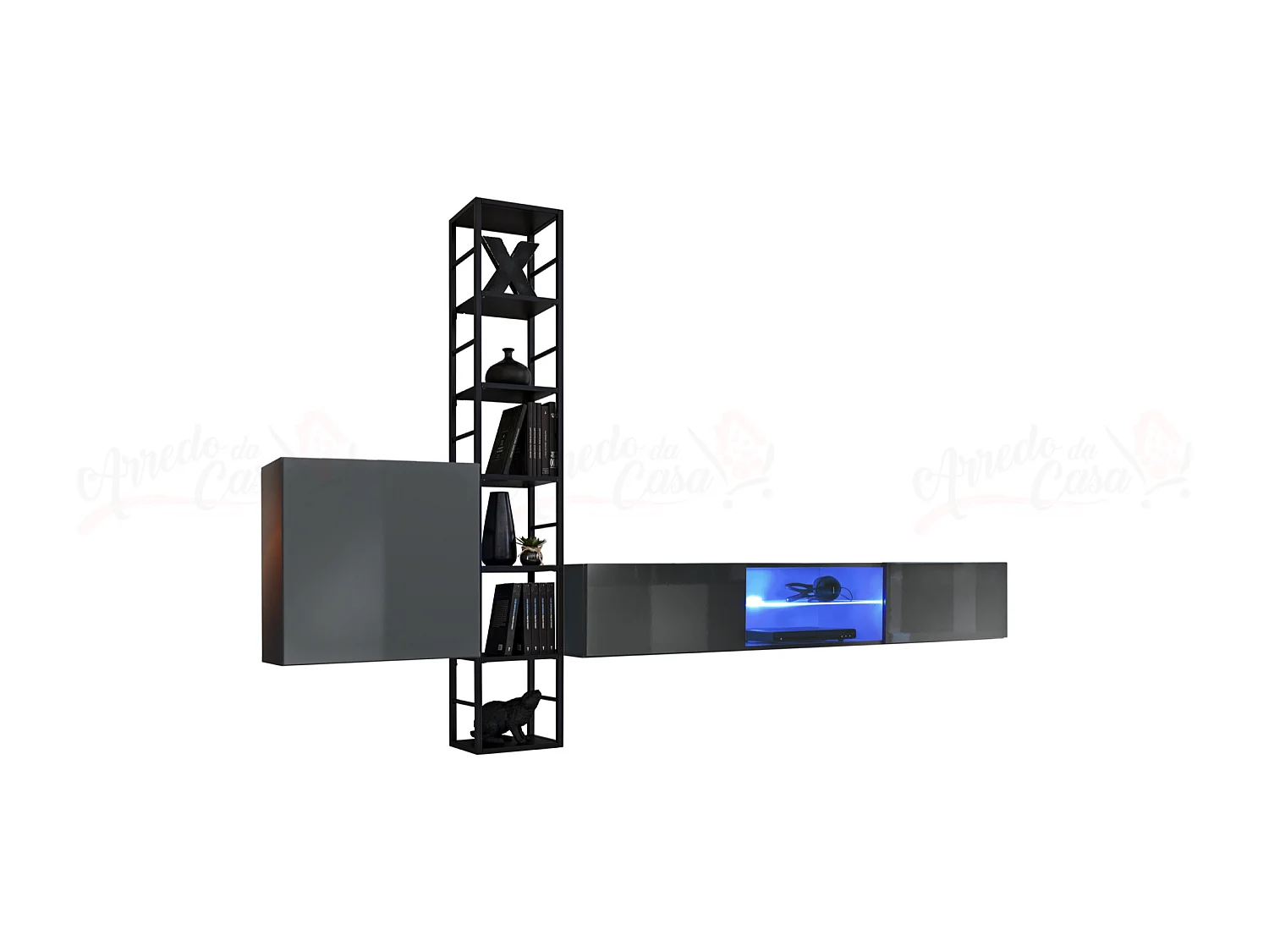 Parete attrezzata con led e scaffale in metallo 270x176 grigio PAP78