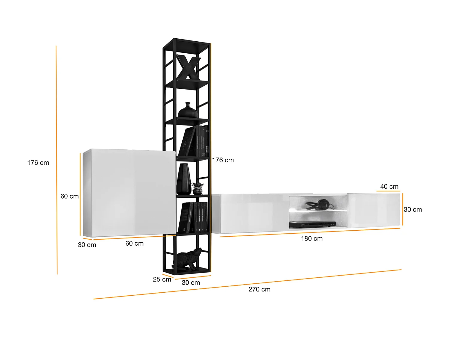 Parete attrezzata con led e scaffale in metallo 270x176 grigio PAP78
