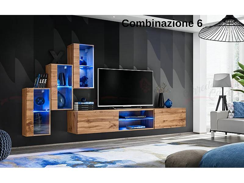 Parete attrezzata soggiorno moderna mobile TV sospeso 240x170 rovere PAP68