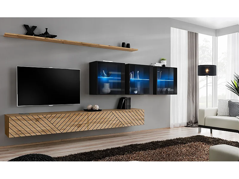 Parete attrezzata design moderno con vetrina 340x150 rovere e nero PAP61