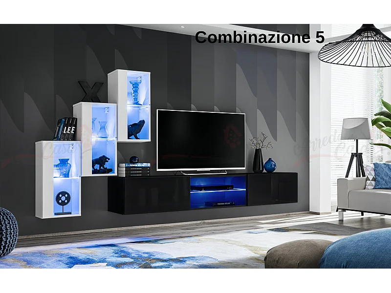 Parete attrezzata soggiorno moderna mobile TV sospeso 240x170 bianco e nero PAP68