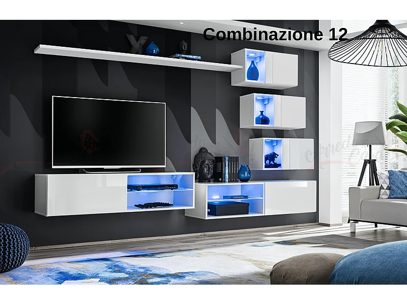 Parete attrezzata per soggiorno con vetrinette e luci led  260x170 bianco PAP70
