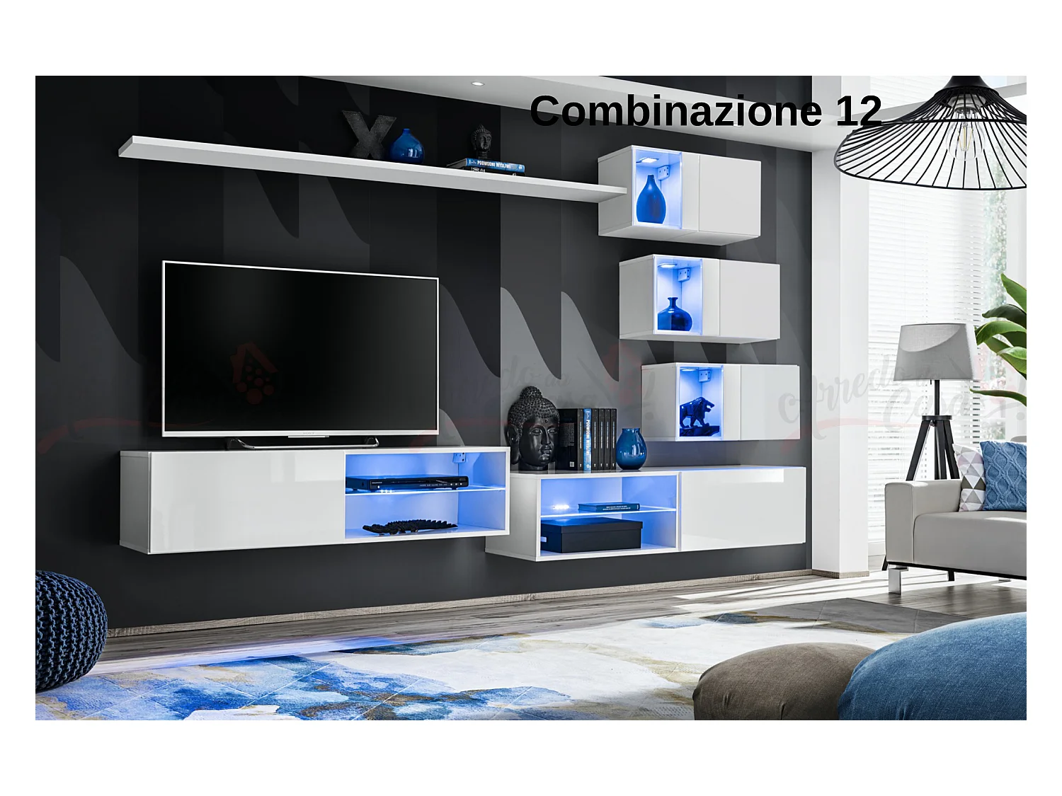 Parete attrezzata per soggiorno con vetrinette e luci led  260x170 bianco PAP70