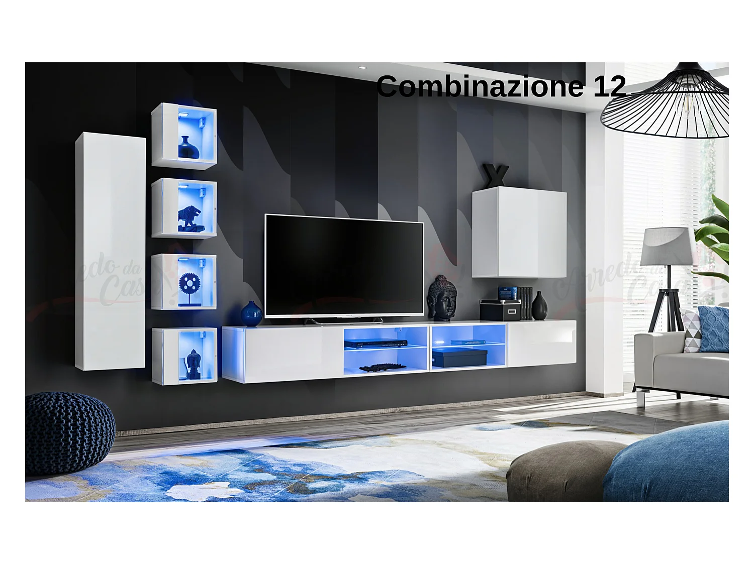 Parete attrezzata soggiorno con vetrinette e led 320x150 bianco PAP72