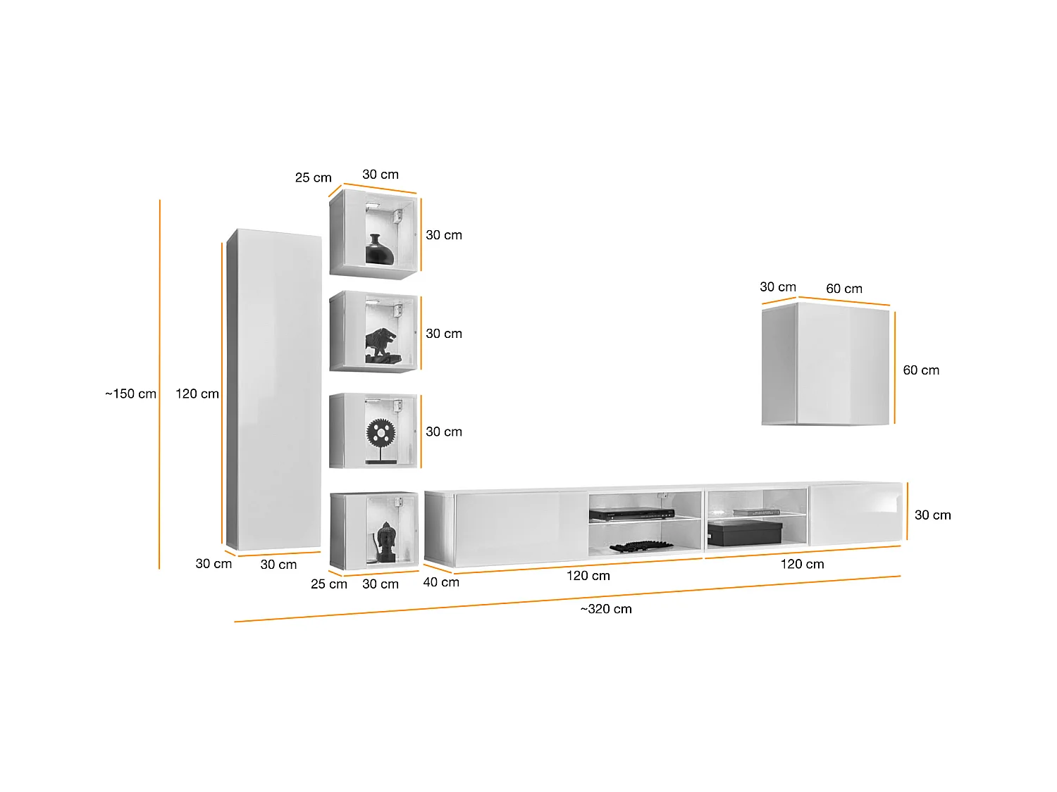 Parete attrezzata soggiorno con vetrinette e led 320x150 bianco PAP72