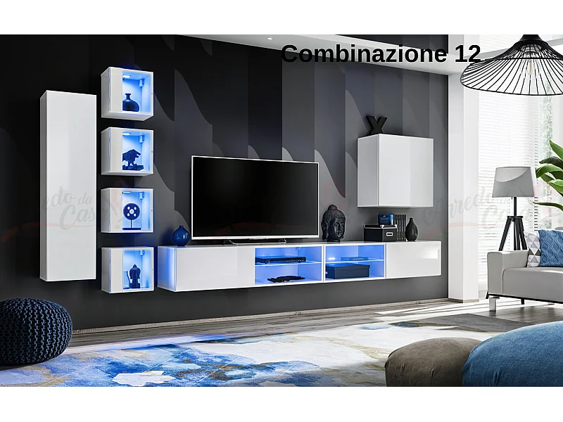 Parete attrezzata soggiorno con vetrinette e led 320x150 bianco PAP72