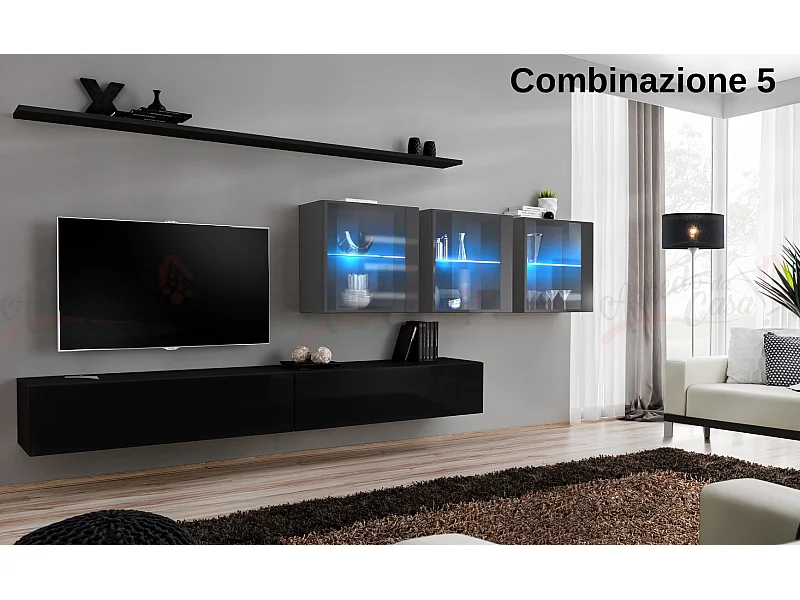 Parete attrezzata design moderno con vetrina 340x150 nero e grigio PAP61